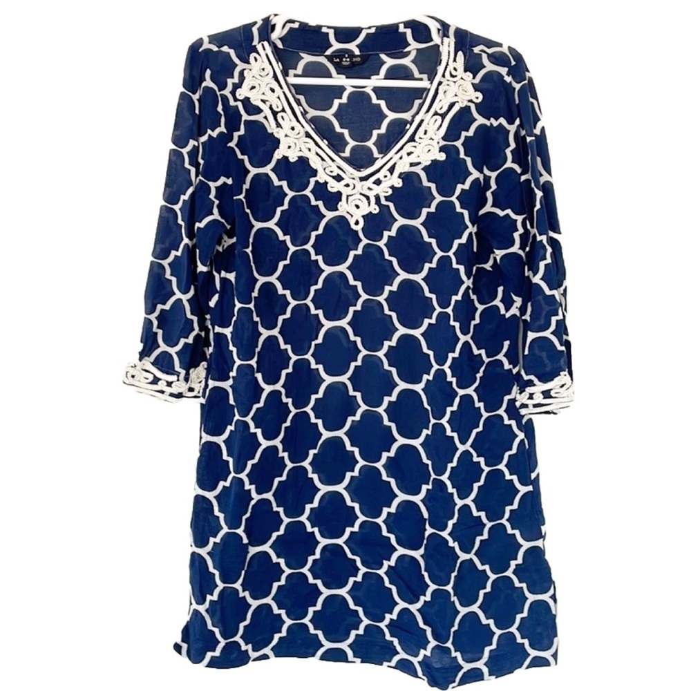 LANDS’ END beach dress tunic size S (6-8) blue white embroidered v-neck